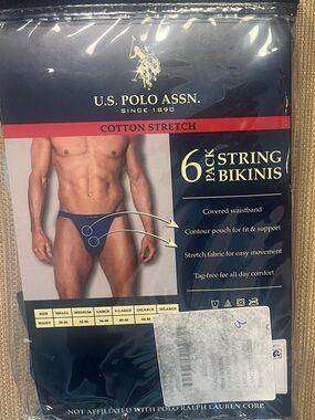 U.S. Polo Assn. Navy Cotton Stretch String Bikinis - 6 Pack. Unopened pack